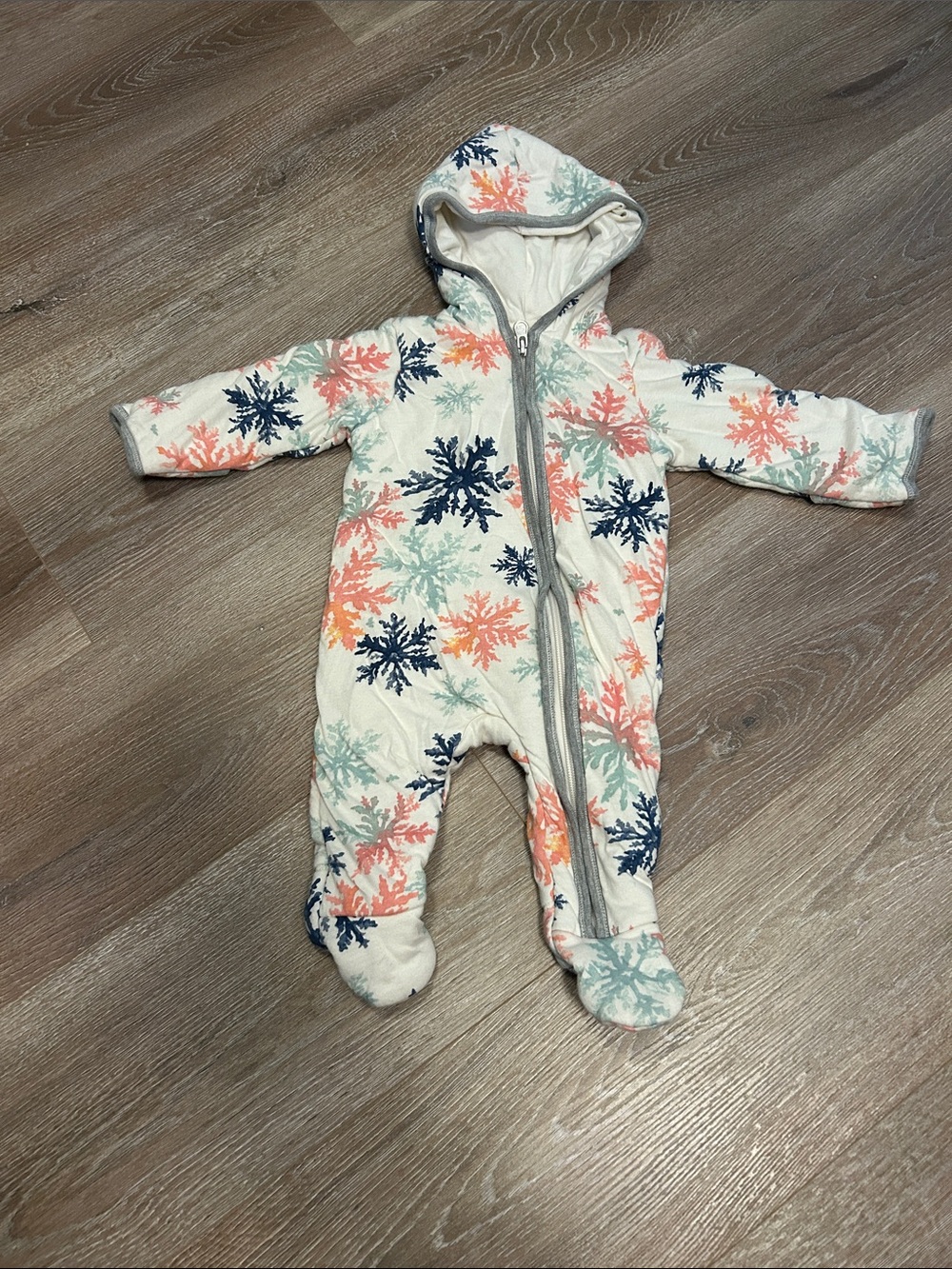Snowflake-Print Hooded Baby Footie in Cream with Navy, Coral & Mint